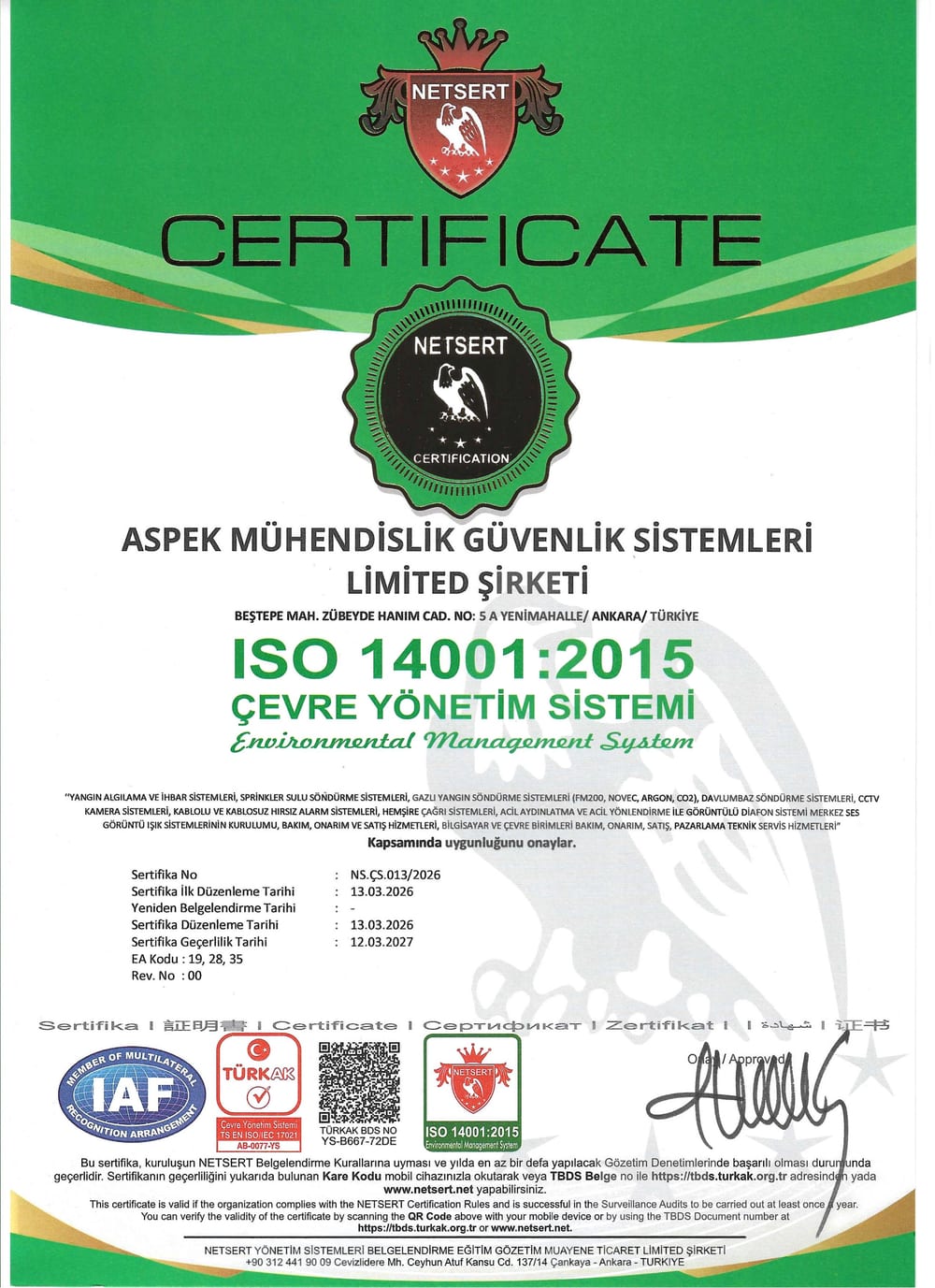 ISO 14001:2015 — Çevre Yönetim Sistemi