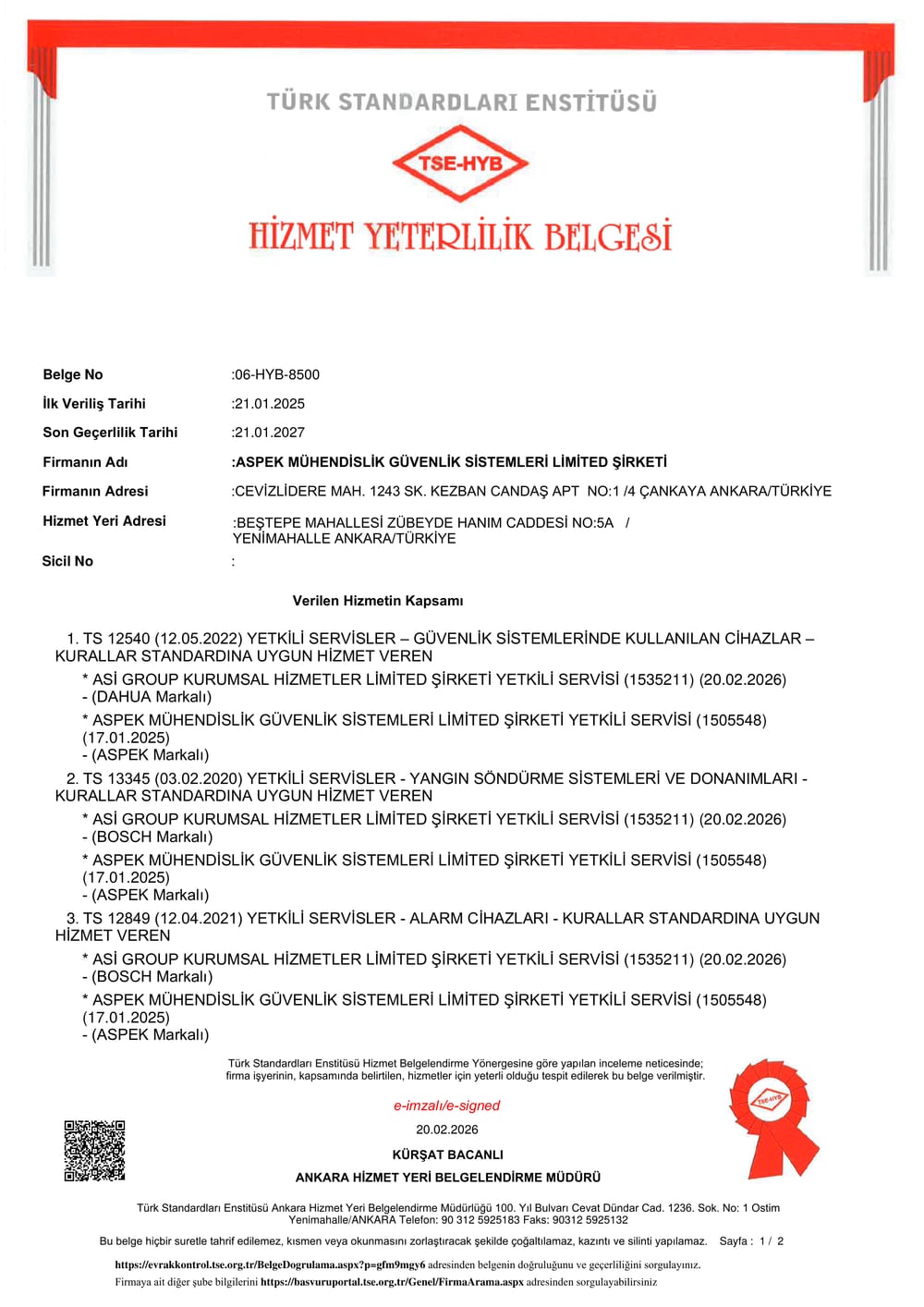 TSE Hizmet Yeterlilik — Yangın ve Güvenlik Sistemleri Servisi