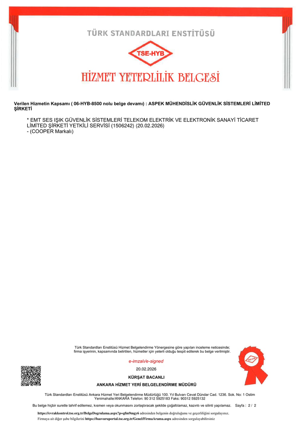 TSE HYB — Hizmet Yeterlilik Belgesi — Sayfa 2/2